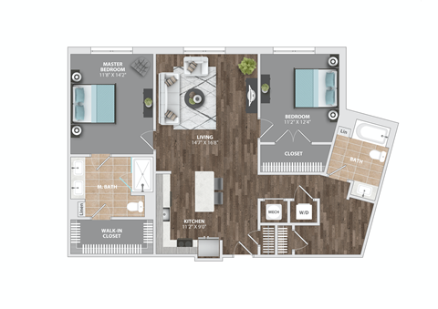 Floor plan for 2 beds, 2 baths, 1258 sqft